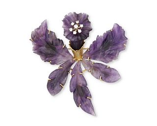 A Cellino carved amethyst and diamond flower brooch
