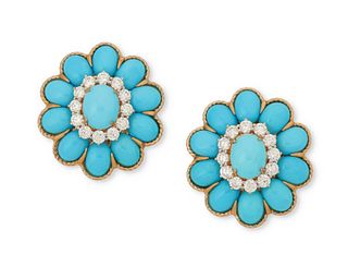 A pair of turquoise and diamond ear clips