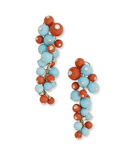 A pair of coral, turquoise and diamond ear pendants