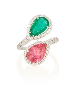 A pink tourmaline, emerald and diamond ring