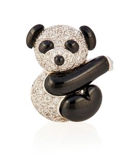 A diamond and onyx panda pendant/brooch