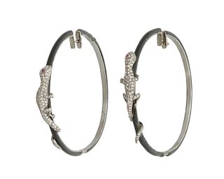 A pair of diamond and enamel lizard hoop earrings