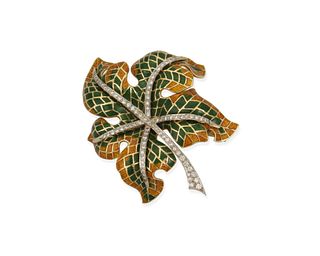 An enamel and diamond leaf brooch