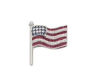 A ruby, sapphire and diamond American flag brooch