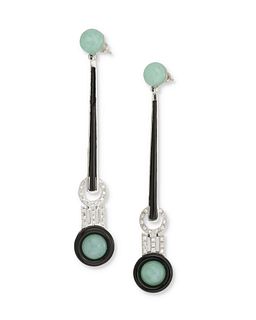 A pair of chyrsoprase, black enamel and diamond ear pendants