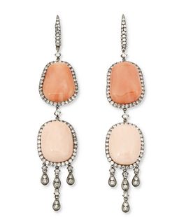 A pair of coral and diamond chandelier ear pendants