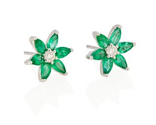 A pair of emerald and diamond flower earrings