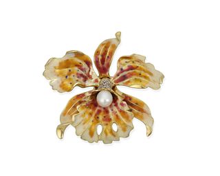 An enamel, pearl and diamond orchid brooch