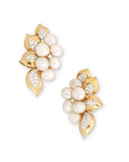 A pair of freshwater pearl and diamond ear clips