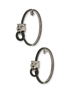 A pair of diamond and enamel panther hoop earrings