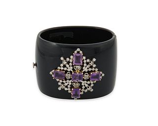 An amethyst, diamond and black acrylic hinged bangle bracelet