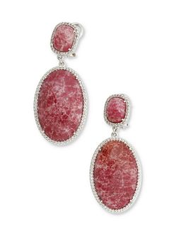 A pair of rhodonite and diamond ear pendants