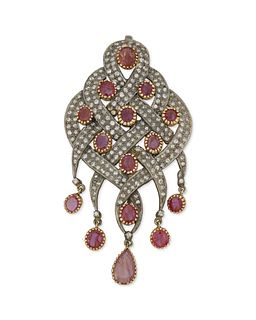 An Indian ruby and diamond pendant/brooch