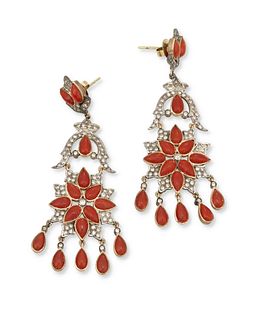 A pair of Indian coral and diamond ear pendants