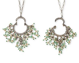 A pair of Indian emerald and diamond fish pendant necklaces