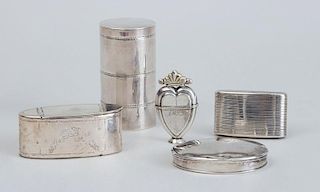 GEORGE III SILVER CYLINDRICAL THREE-TIER BOX AND COVER, A GEORGE III SILVER MATCH SAFE, A SILVER-PLATED OVAL DOUBLE-HINGED BOX AND TWO CONTINENTAL SIL