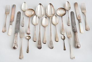 GROUP OF SEVENTY-FOUR ASSEMBLED GEORGIAN AND LATER SILVER FLATWARE WITH VARIOUS CRESTS