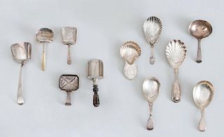 GROUP OF TEN GEORGIAN AND VICTORIAN SILVER CADDY SPOONS AND A SILVER-PLATED SPOON