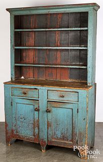 Painted pine two-part cupboard, 19th c.