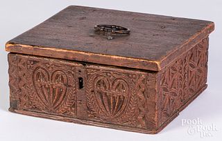 Fisian carved pine and oak lock box, 18th c.