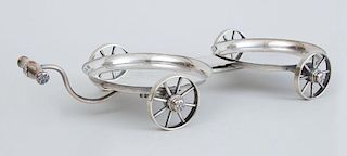ENGLISH SILVER-PLATED WINE BOTTLE TROLLEY, A SILVER-PLATED DISH CROSS AND A SILVER-PLATED WINE COASTER