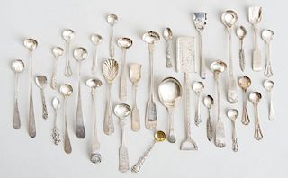 GROUP OF SIX AMERICAN SILVER CONDIMENT LADLES, TWENTY SILVER SALT SPOONS, FOUR SHOVELS, A CADDY SPOON AND A SPOON WITH SHELL BOWL