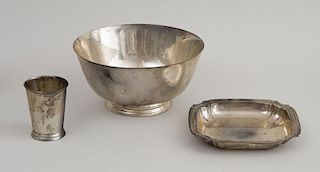 THREE AMERICAN SILVER HOLLOWWARE ARTICLES AND AN ENGLISH SILVER VEGETABLE DISH AND COVER