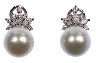 18k White Gold, Pearl and Diamond Pierced Earrings