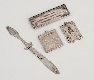 TWO AMERICAN SILVER FRATERNAL PENDANT CASES, A SILVER ELKS VISITING CARD CASE AND A SILVER PAGE TURNER