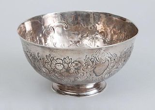 AMERICAN SILVER FOOTED BOWL WITH LATER REPOUSSÉ DECORATION