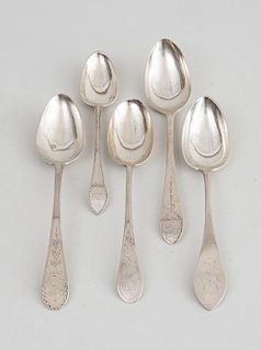 FIVE AMERICAN MONOGRAMMED SILVER TABLESPOONS WITH POINTED TERMINALS