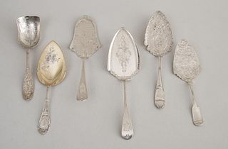 FIVE AMERICAN SILVER PASTRY SERVERS WITH ENGRAVED SURFACE AND A SILVER ICE CREAM SHOVEL