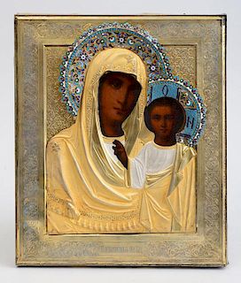 RUSSIAN SILVER ICON OF THE KAZAN VIRGIN AND CHILD, WITH SILVER OKLAD