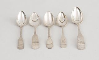 FOUR AMERICAN COIN SILVER FIDDLE PATTERN TABLESPOONS AND FIDDLE AND THREAD PATTERN TABLESPOON
