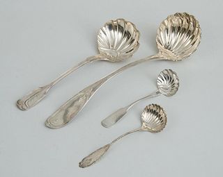 TWO AMERICAN SILVER PUNCH LADLES AND TWO SAUCE LADLES WITH SHELL BOWLS