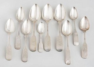 GROUP OF AMERICAN SILVER TEASPOONS, FIVE TABLESPOONS, AND SIX COFFEE SPOONS, IN THE FIDDLE PATTERN