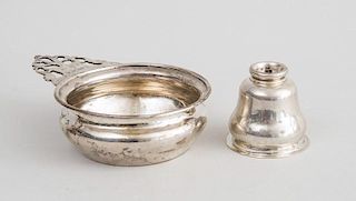 AMERICAN SILVER PORRINGER WITH LATER INSCRIPTION AND A SILVER BELL-FORM OIL LAMP