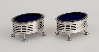 PAIR OF FEDERAL MONOGRAMMED SILVER OVAL SALTS WITH BLUE GLASS LINERS