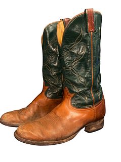 TONY LAMA Style Brown & Green Cowboy Boots