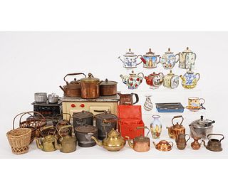 DOLL SCALE STOVES, COOKWARE, TEAPOT COLLECTION