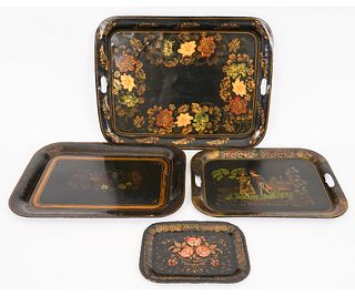 FOUR VICTORIAN BLACK TOLE TRAYS