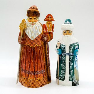 Pair of Vintage Russian Hand Carved Santa Decor Sculptures