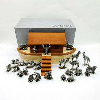 26pc Danforth Pewter Wood Noah's Ark With Animal Figures