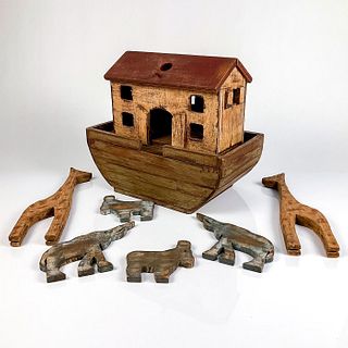 7pc Wood Carved Statuette, Noah's Ark and Animals