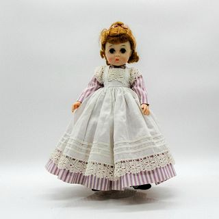 Vintage Curly Haired Doll In Lace Trimmed Apron With Stand