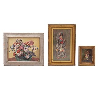 Lote de 3 obras pictóricas. a) J. FORD JONES. Geisha. Acuarela sobre papel. Firmada. 53 x 29 cm b) ANÓNIMO. Bouquet de flores, otro.
