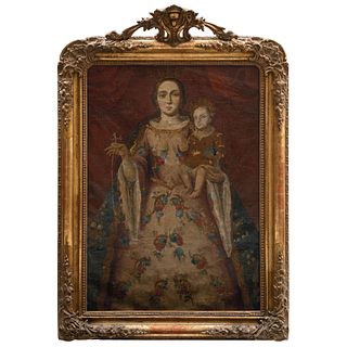 NUESTRA SEÑORA DEL ROSARIO MÉXICO, SIGLO XVIII Óleo sobre tela Detalles de conservación y restauración. 120 x 83 cm