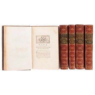 Boccaccio, Giovanni. Il Decamerone di Boccaccio. Londra: Prault, 1757 - 1761. 23 láminas numeradas cada tomo. Piezas: 5.