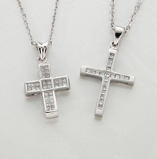 (2) 14K gold and diamond cross necklaces