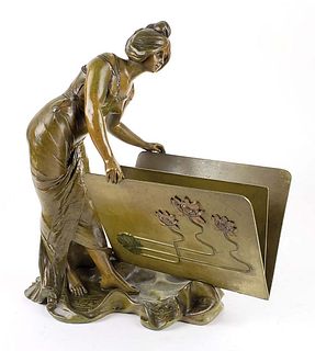 Magnificent Art Deco Bronze Figure of Woman w/ Book Signed V. Herig